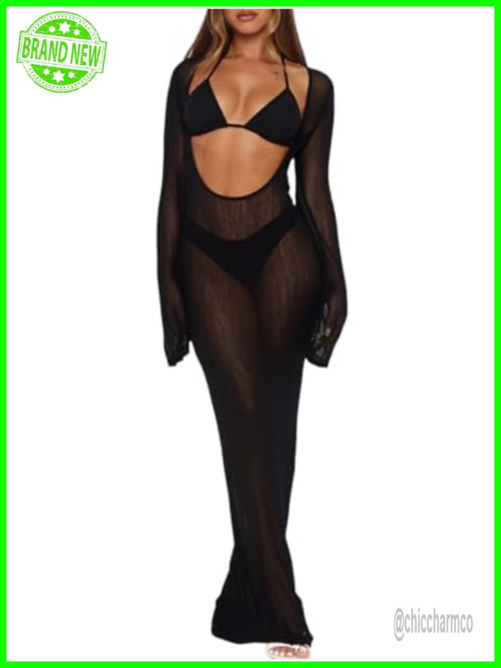 Women 3 Piece Swimsuit Set Sheer Mesh Cover Up Triangle Bikini